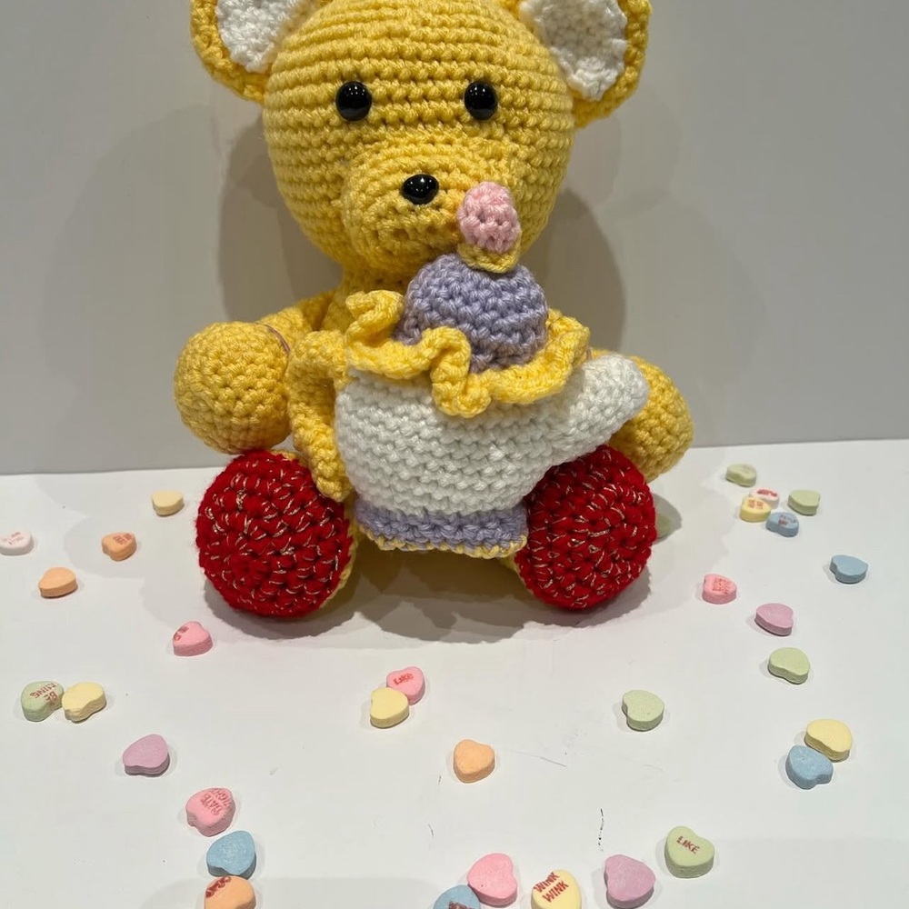 Yellow and Red Crochet Bear Toy
